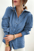 Blue Lace Ruffled Crinkled Buttoned Shirt