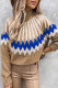 Brown Stand Collar Geometric Pattern Pullover Sweater