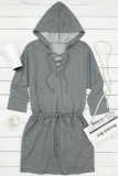 Gray Pocket Lace Up Drawstring Hooded Mini Dress