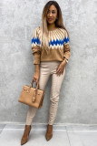 Brown Stand Collar Geometric Pattern Pullover Sweater