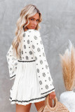 White V Neck Embroidered Flare Sleeve Pleated Hem Top