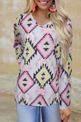 V Neck Striped Aztec Print Twisted Long Sleeve Top