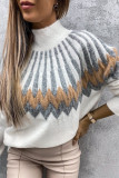 White Stand Collar Geometric Pattern Pullover Sweater