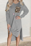 Gray Leopard Patch Side Split Long Sleeve Midi Dress