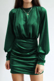 Green Mock Neck Long Sleeve Ruched Velvet Mini Dress with Hollow-out Back