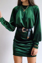 Green Mock Neck Long Sleeve Ruched Velvet Mini Dress with Hollow-out Back