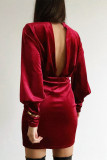 Wine Mock Neck Long Sleeve Ruched Velvet Mini Dress with Hollow-out Back