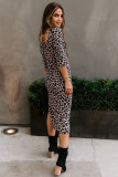 Leopard Crewneck Long Sleeve Lace-Up Side Split Bodycon Dress