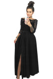 Black Off Shoulder Lace Bodice High Waist Maxi Skirt Evening Dress
