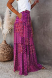 Purple Tiered Paisley Print Pocketed Maxi Skirt