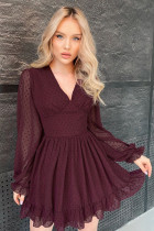 Wine Red V Neck Lantern Sleeve Swiss Dot Mini Dress