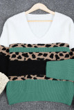 Leopard Print Color Block V Neck Sweater
