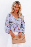 V Neck Balloon Sleeve Twist Front Floral Blouse