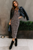 Leopard Crewneck Long Sleeve Lace-Up Side Split Bodycon Dress
