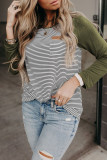 Army Green Raglan Sleeve Splicing Striped Top with Pocket