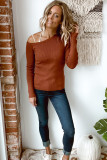 Brown Knit One Shoulder Long Sleeve Pullover Top