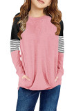 Pink Striped Colorblock Long Sleeve Girls Blouse with Pocket