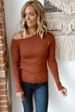 Brown Knit One Shoulder Long Sleeve Pullover Top