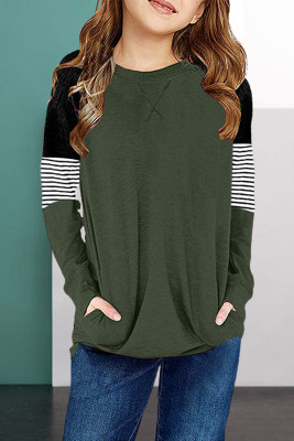 Green Striped Colorblock Long Sleeve Girls Blouse with Pocket