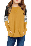 Yellow Striped Colorblock Long Sleeve Girls Blouse with Pocket