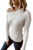 Beige Knit One Shoulder Long Sleeve Pullover Top