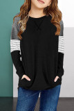 Black Striped Colorblock Long Sleeve Girls Blouse with Pocket