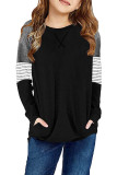 Black Striped Colorblock Long Sleeve Girls Blouse with Pocket