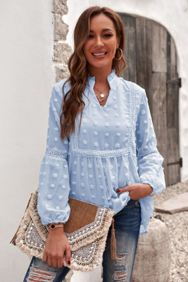 Blue Ruffled Split Neck Lace Hollow Out Puff Sleeve Polka Dot Blouse
