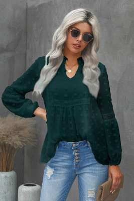 Green Ruffled Split Neck Lace Hollow Out Puff Sleeve Polka Dot Blouse