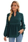 Green Ruffled Split Neck Lace Hollow Out Puff Sleeve Polka Dot Blouse