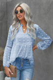 Blue Ruffled Split Neck Lace Hollow Out Puff Sleeve Polka Dot Blouse