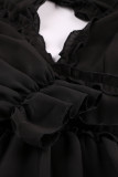 Black V Neck Ruffle Detailing Open Back Dress