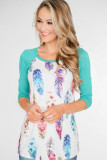 Green Feather Print 3/4 Raglan Sleeve Top