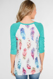 Green Feather Print 3/4 Raglan Sleeve Top
