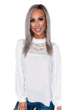 White Ruffled Crewneck Lantern Sleeve Splicing Lace Blouse