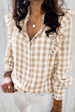 Khaki Plaid Print Ruffled Buttoned Shirt