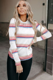 White Stripe Print Crew Neck Long Sleeve Top