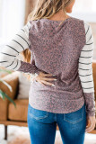 White Round Neck Leopard Splicing Sleeve Button Striped Top