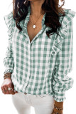 Green Plaid Print Ruffled Buttoned Shirt