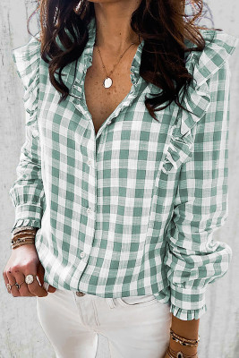 Green Plaid Print Ruffled Buttoned Shirt