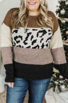 Leopard Colorblock Crew Neck Plus Size Knitted Sweater