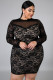 Black Long Sleeve Lace Mesh Splicing Floral Plus Size Dress
