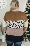 Leopard Colorblock Crew Neck Plus Size Knitted Sweater