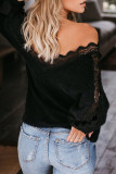 Black Lace Splicing V Neck Pullover Sweater