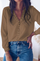 Brown Lace Crochet Buttoned Long Sleeve Shirt