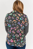Gray Cowl Neck Waffle Colorful Leopard Patchwork Plus Size Sweatshirt