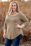 Brown 3/4 Sleeve Cut out Neckline Plus Size Top