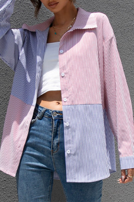 Stripe Colorblock Turn Down Collar Shirt Top Shacket UNISHE Wholesale