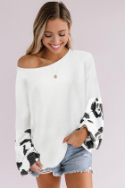 Gray Leopard Splicing Waffle Knit Puff Sleeve Blouse
