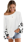 Gray Leopard Splicing Waffle Knit Puff Sleeve Blouse